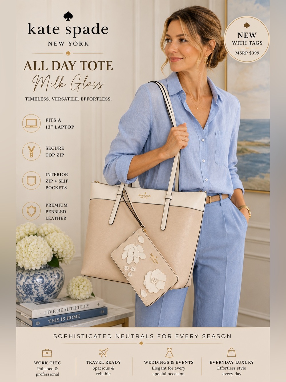 kate spade NEW All Day Tote in Milk Glass | Leather with Color Block MSRP $399 - Picture 1 of 16